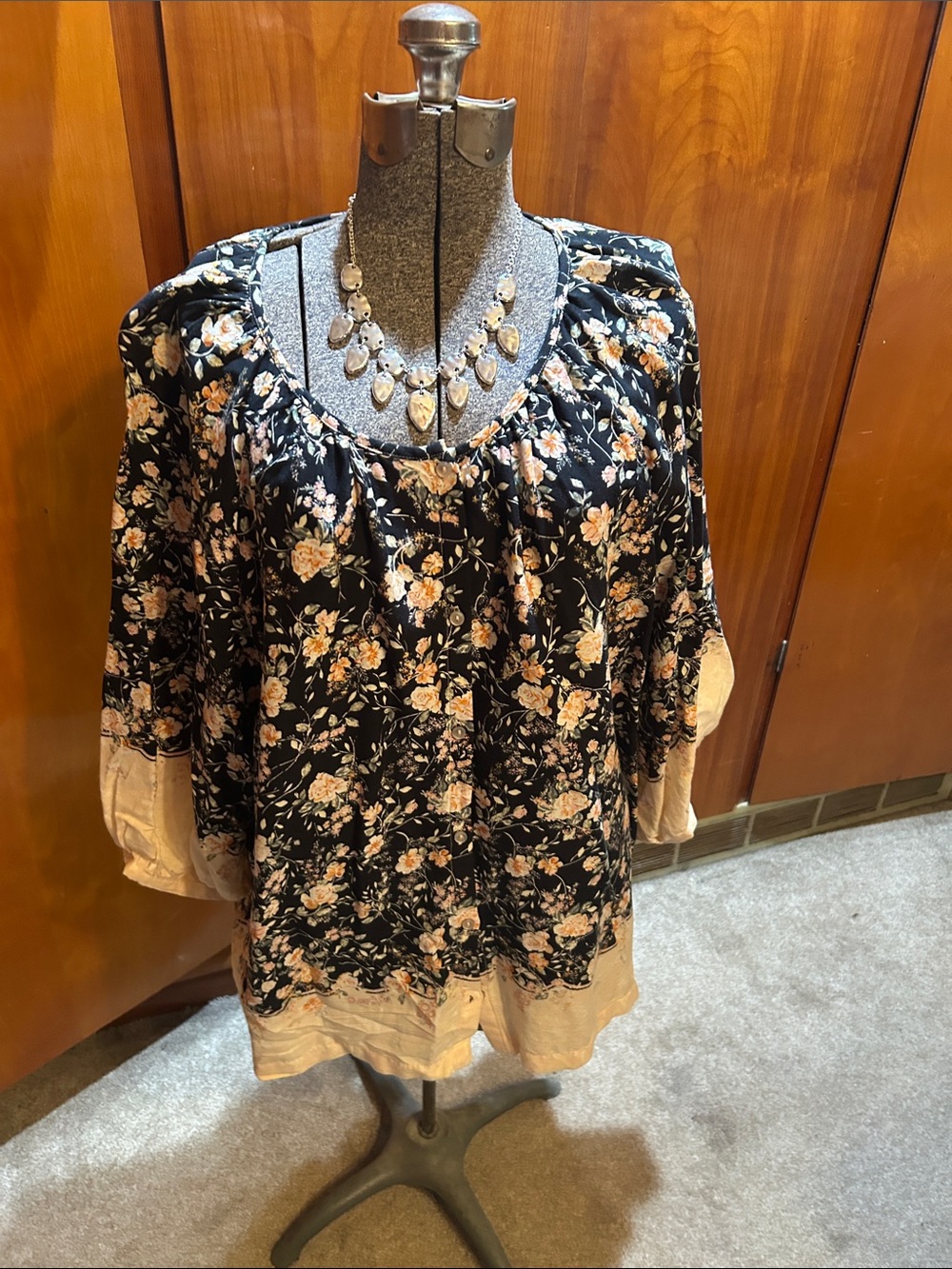LC Lauren Conrad Black Floral Tunic with Cream Accents